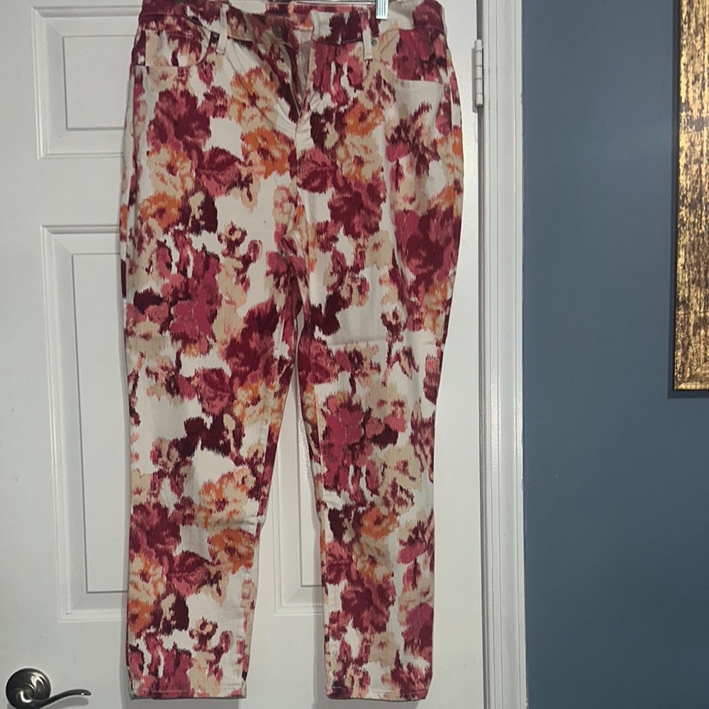 Chico's Floral Straight Leg Jeans - Red and Cream